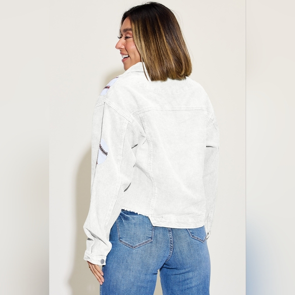 Baseball Sequin Dropped Shoulder Raw Hem Jacket - Picture 2 of 5